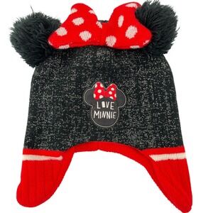 Kids Disney Minnie Mouse Love Minnie Beanie Hat with Ears Red Black OSFM